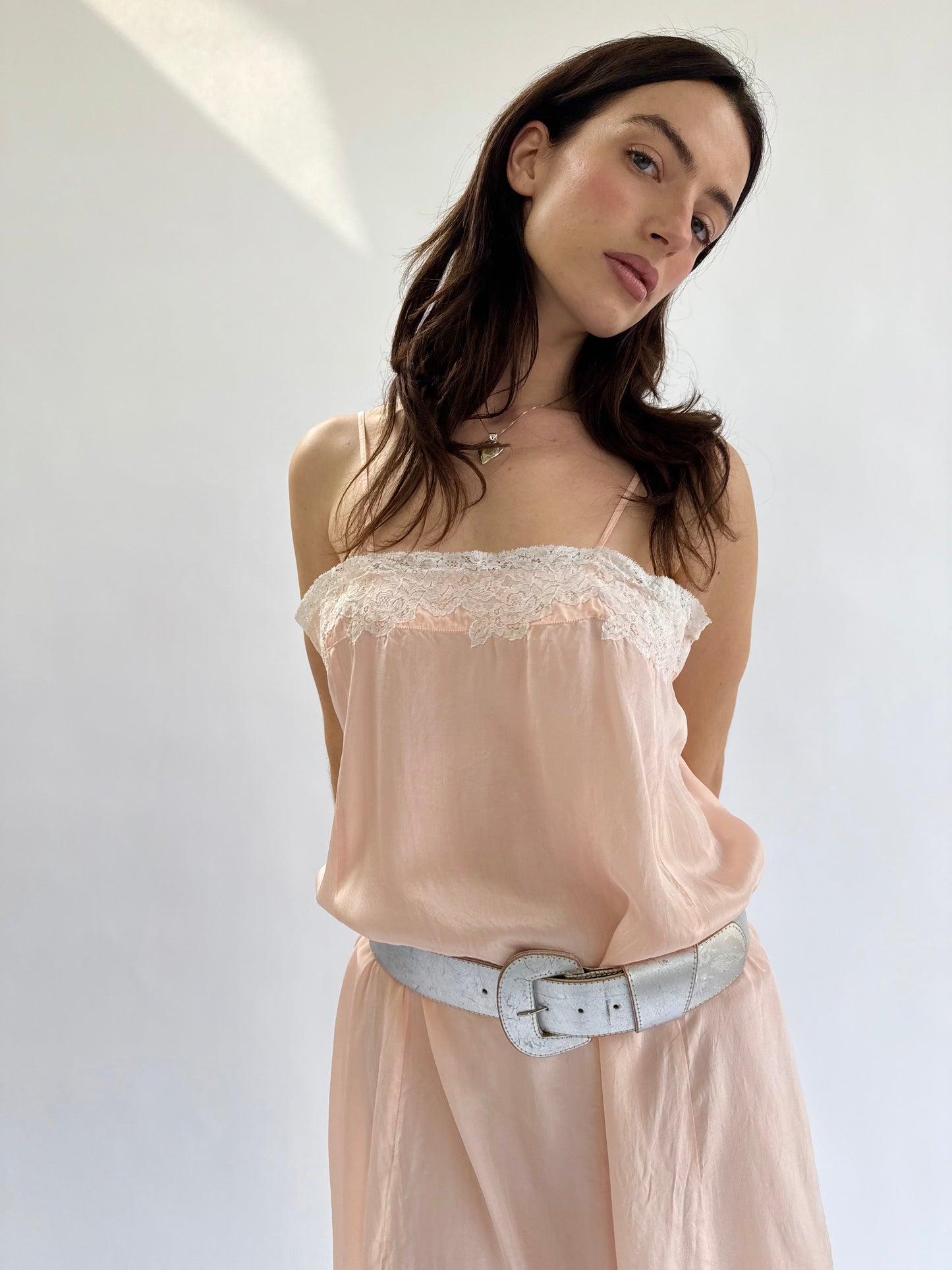 1920s Pink Rayon Silk Lace Trimmed Billowy Column Slip Dress