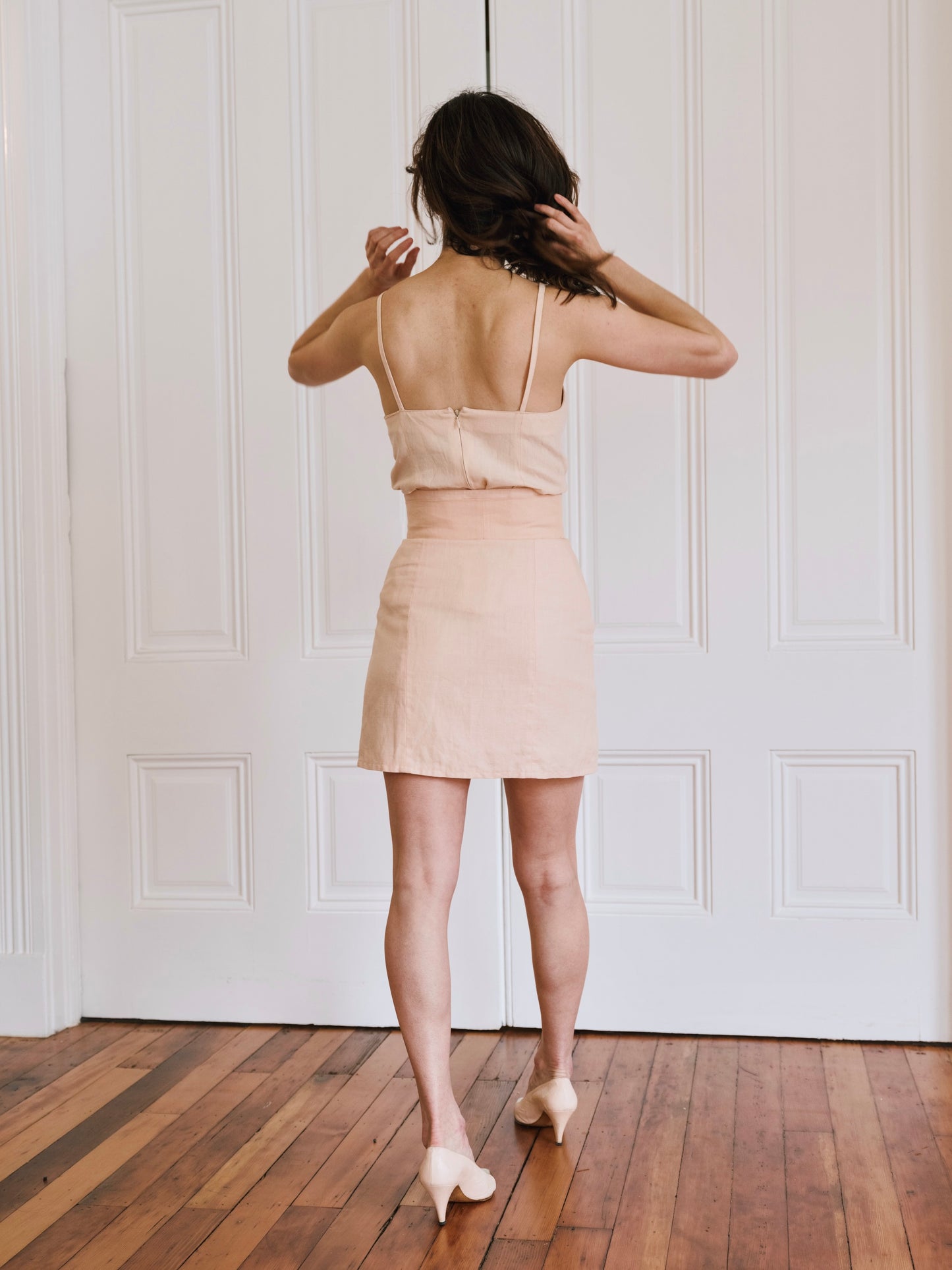 1980s Karl Lagerfeld Pink Linen Tank and Mini Skirt Set Made in France