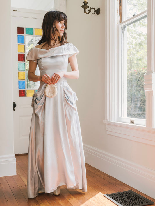 1940s Icy Blue Silk Satin Off Shoulder Gown with Draped Bow Hips As-Is