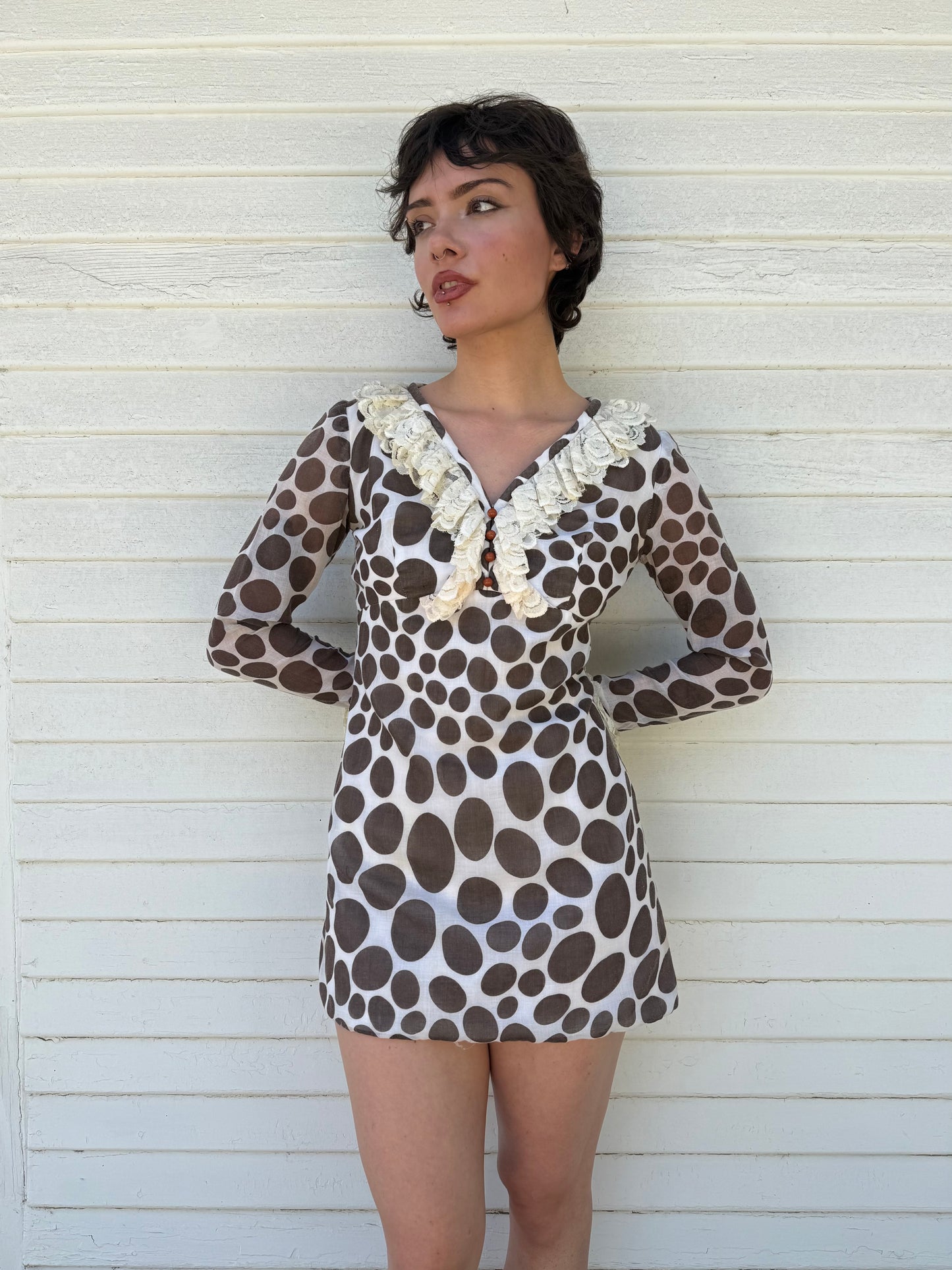 1960s Brown Polka Dot Ruffle Mini Dress