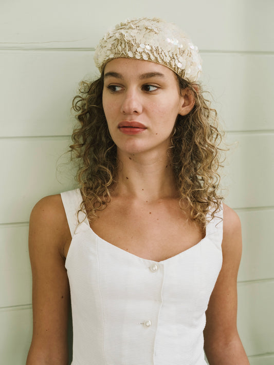 1960s Opal Cream Pailette Sequin Hand Made Crochet Beret