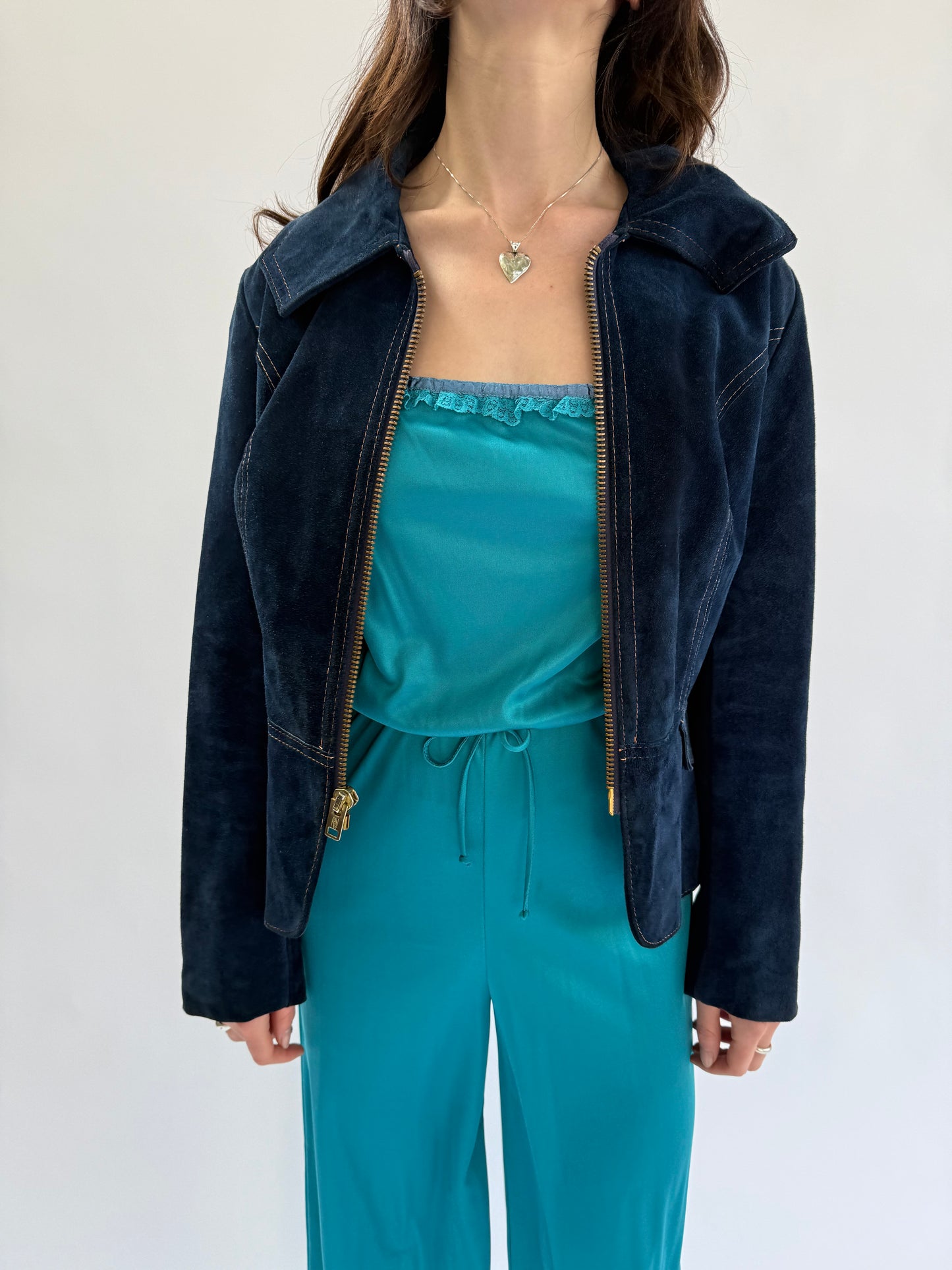 1970s Dark Teal Suede Center Front Zip Jacket with Contrast Stitch