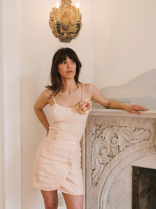 1980s Karl Lagerfeld Pink Linen Tank and Mini Skirt Set Made in France