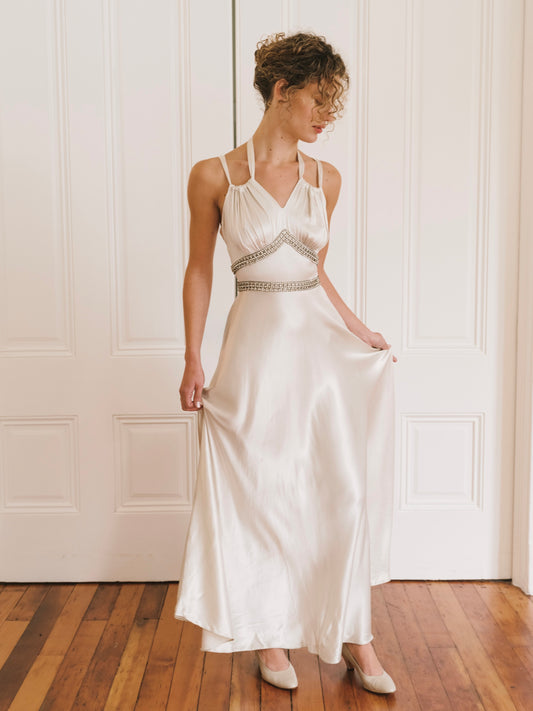 1930s Silk Satin Gown with Rhinestone Trim and Bows