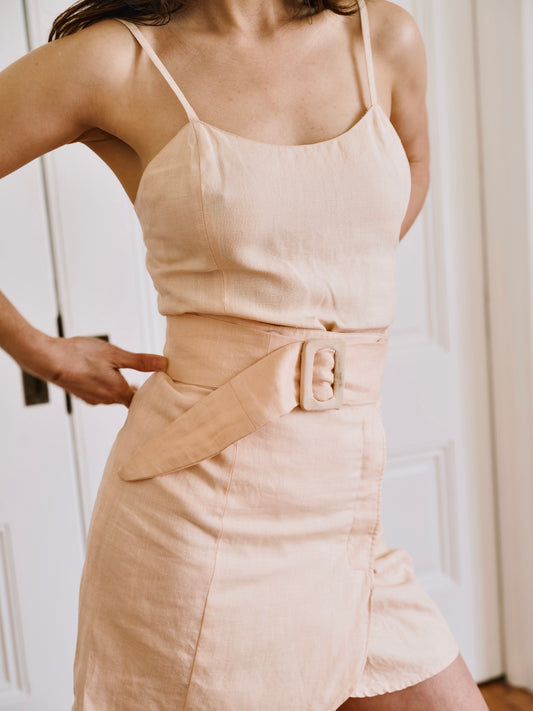 1980s Karl Lagerfeld Pink Linen Tank and Mini Skirt Set Made in France