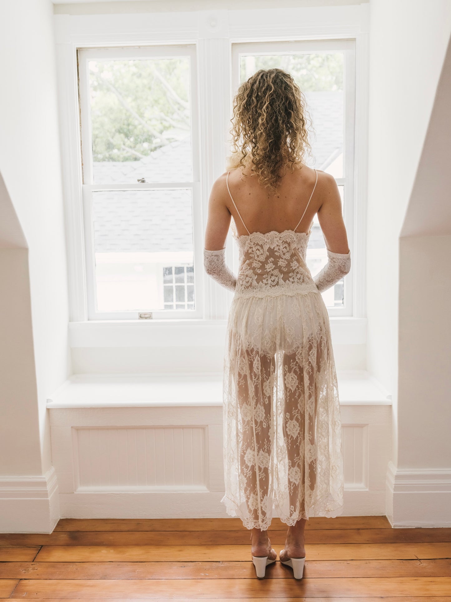 1990s Vintage Off White Full Lace Slip Dress with Rosette