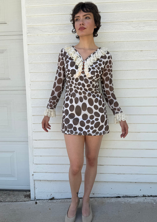 1960s Brown Polka Dot Ruffle Mini Dress