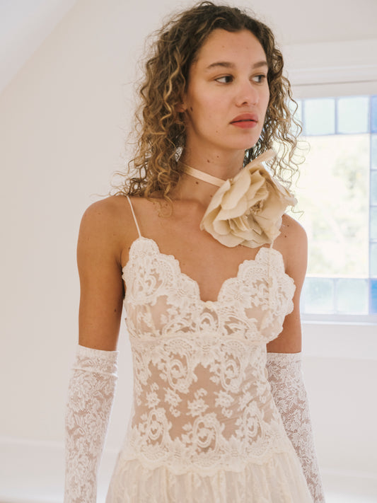 1990s Vintage Off White Full Lace Slip Dress with Rosette