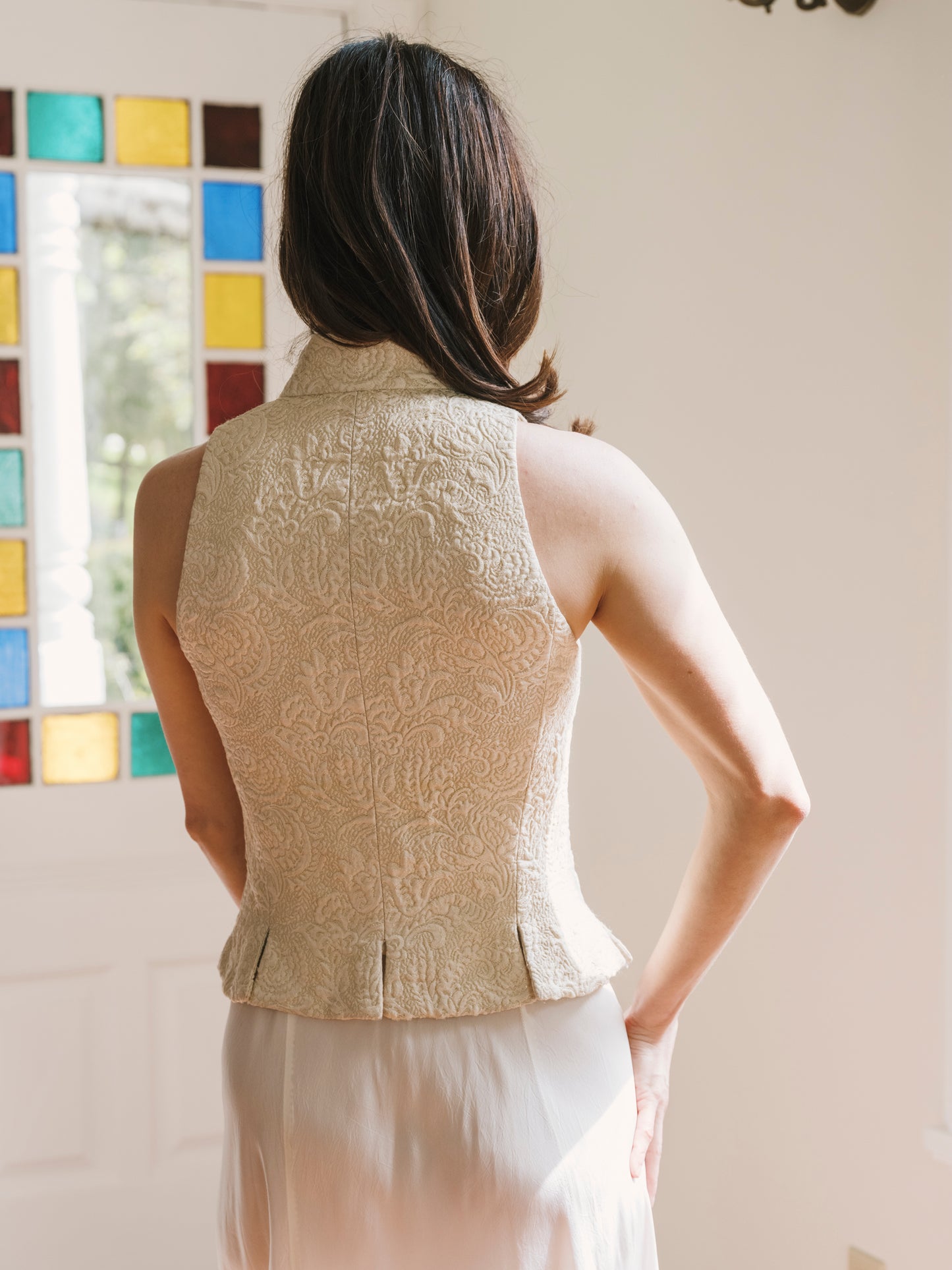 Vintage 70s 80s Celine Structured Button Front Gold Jacquard Vest