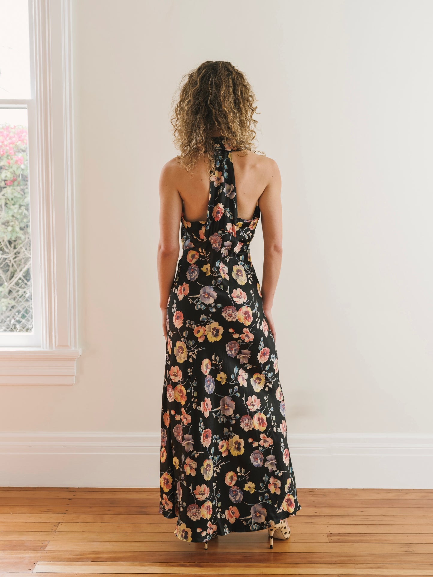 1940s Black Floral Bias Cut Keyhole Collared Gown M