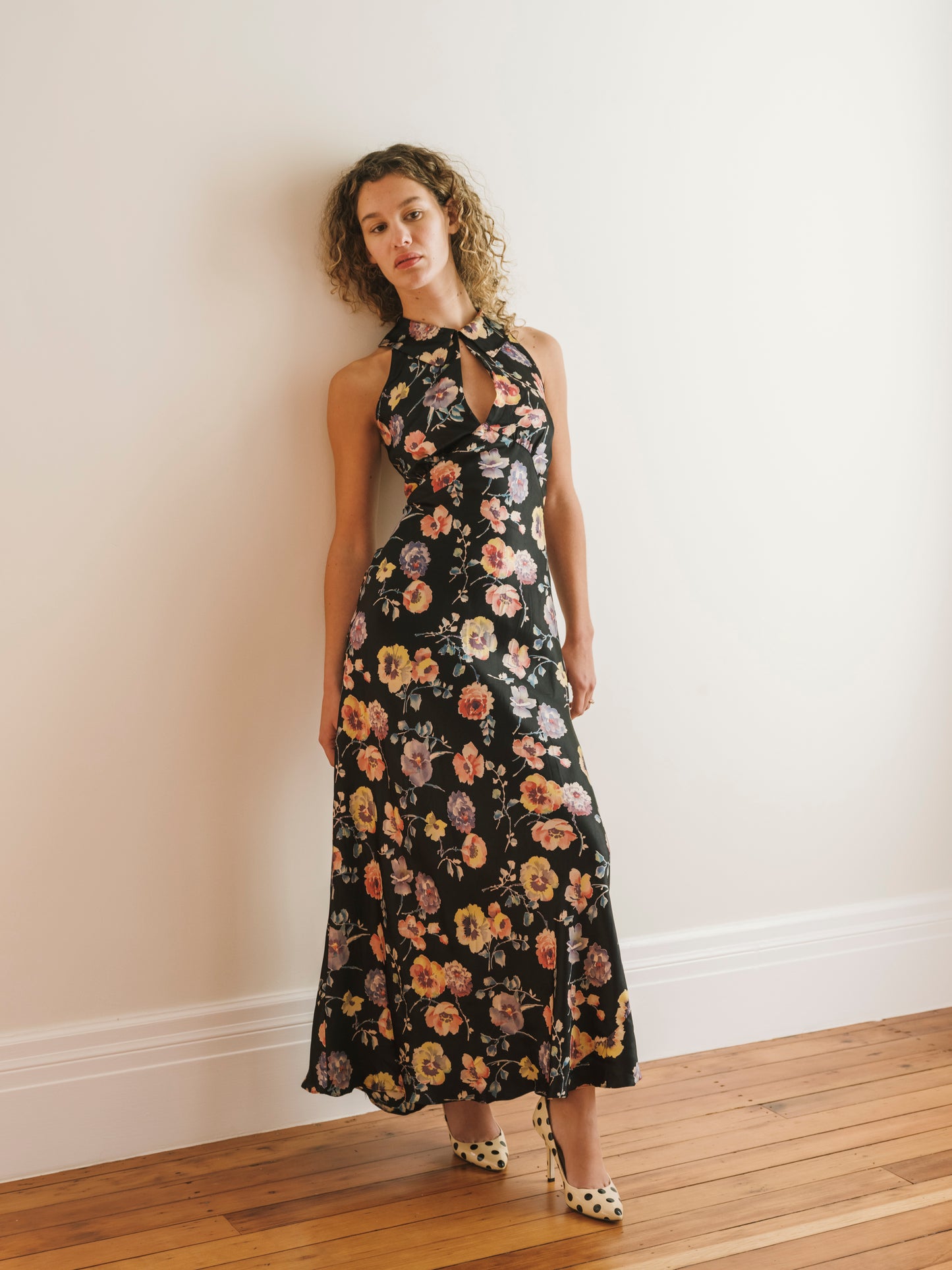 1940s Black Floral Bias Cut Keyhole Collared Gown M