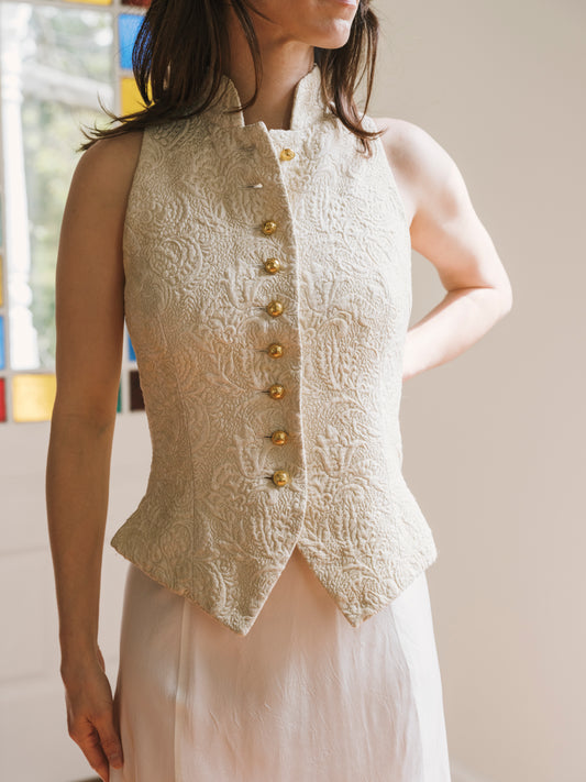 Vintage 70s 80s Celine Structured Button Front Gold Jacquard Vest