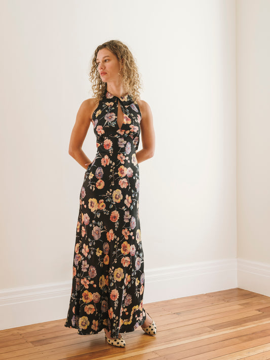 1940s Black Floral Bias Cut Keyhole Collared Gown M