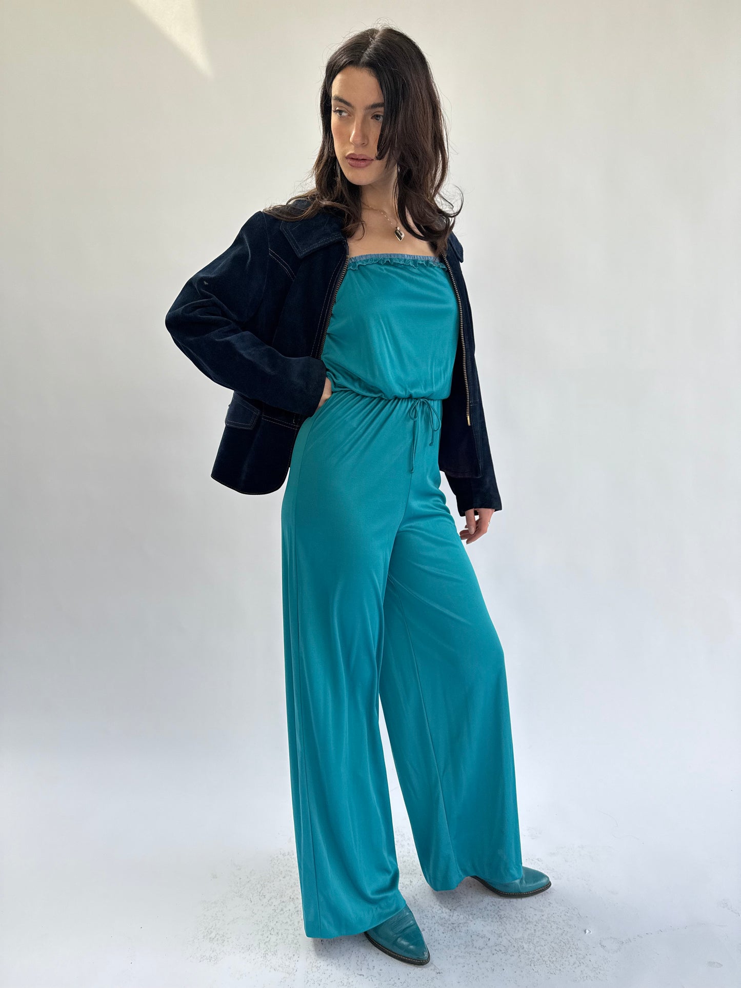 1970s Teal Ruffle Lace Trimmed Tie Waist Jumpsuit