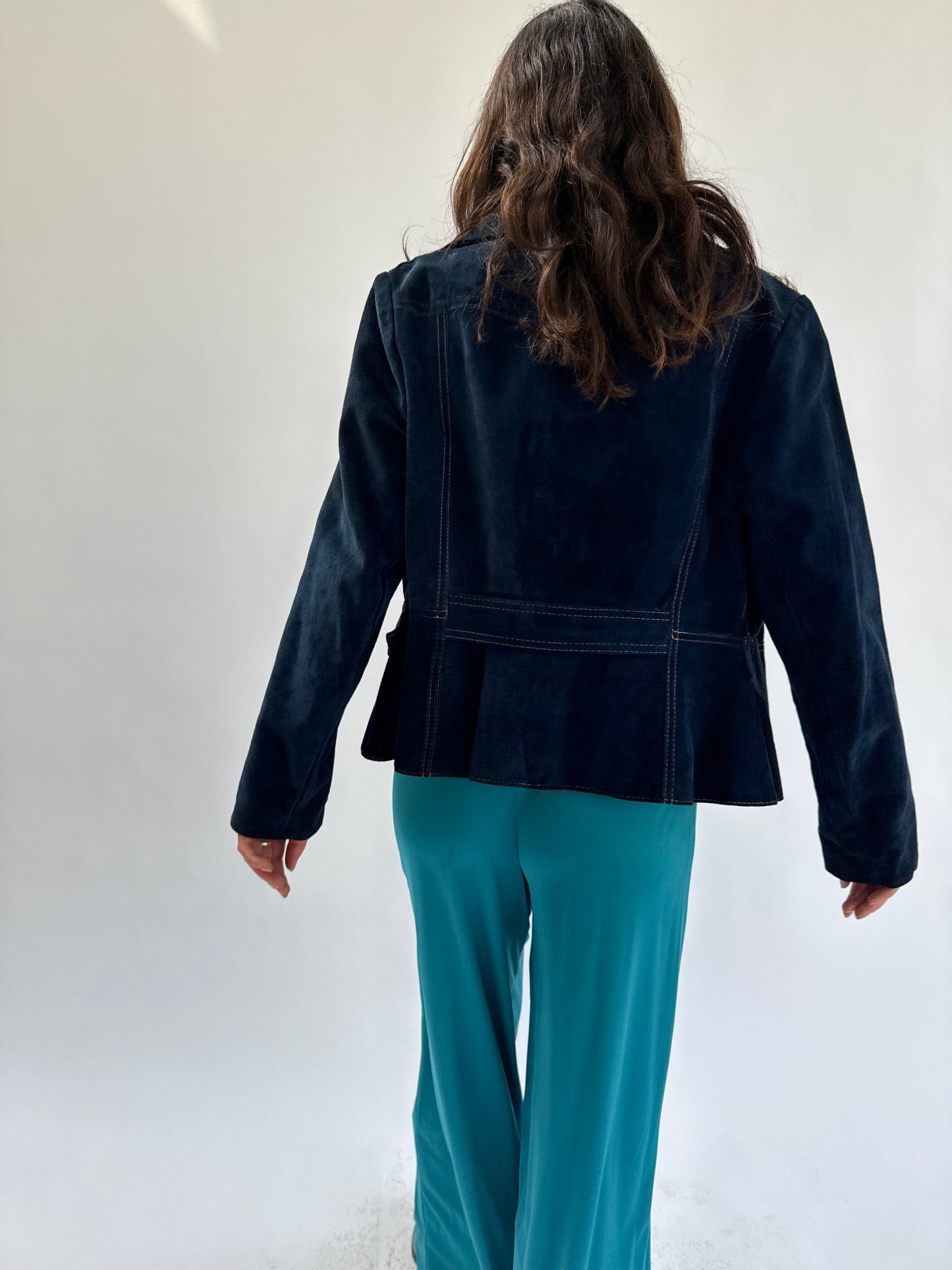1970s Dark Teal Suede Center Front Zip Jacket with Contrast Stitch
