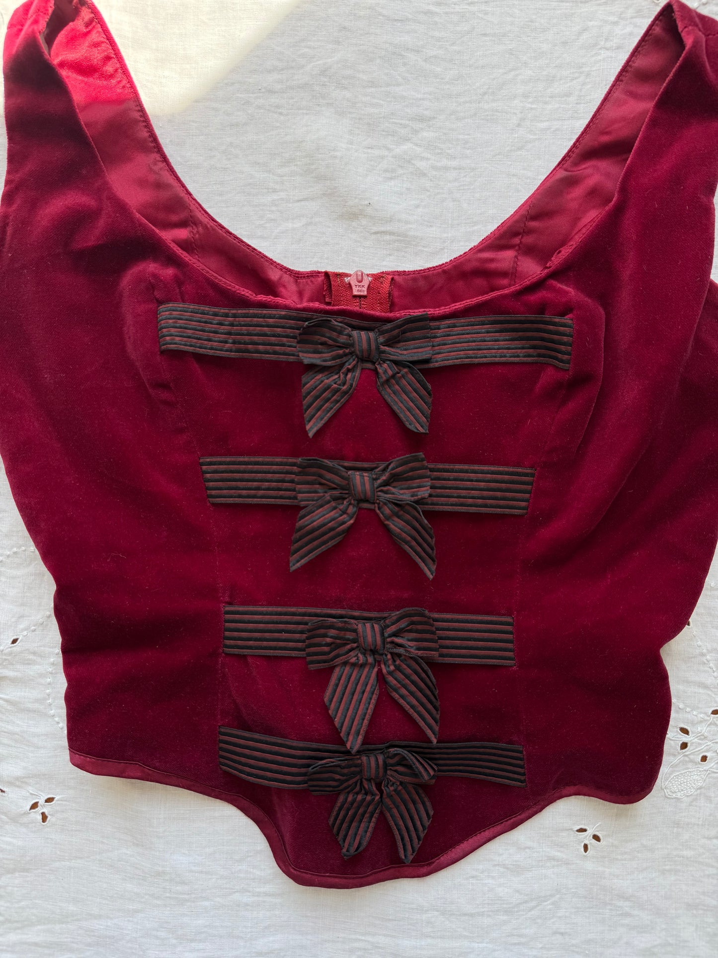 1990s Sarakalo Paris Handmade Deep Red Velvet Bodice with Bows M