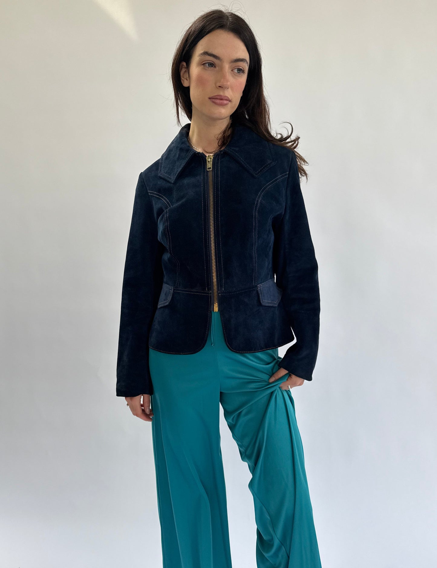 1970s Dark Teal Suede Center Front Zip Jacket with Contrast Stitch