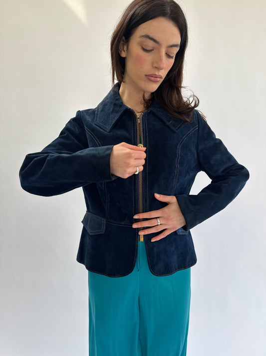 1970s Dark Teal Suede Center Front Zip Jacket with Contrast Stitch