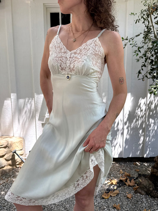 1940s Seafoam Fischer Silk Lace Trimmed Slip Dress