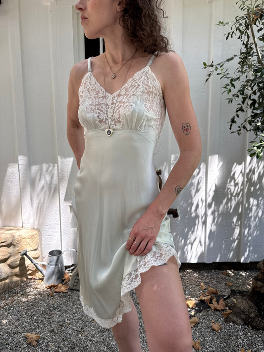 1940s Seafoam Fischer Silk Lace Trimmed Slip Dress
