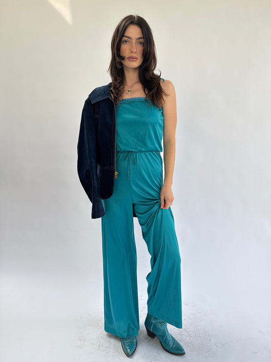 1970s Teal Ruffle Lace Trimmed Tie Waist Jumpsuit