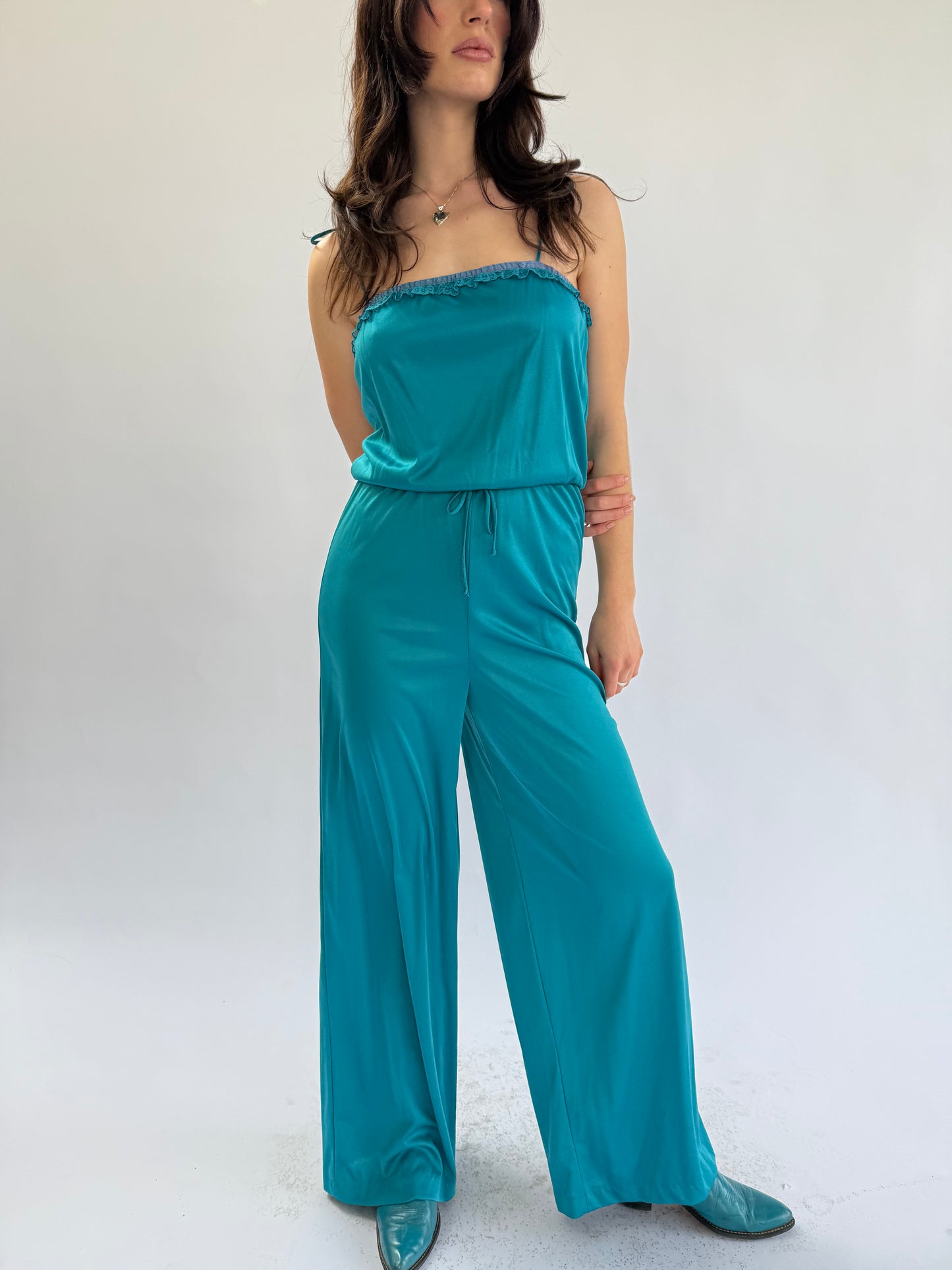 1970s Teal Ruffle Lace Trimmed Tie Waist Jumpsuit