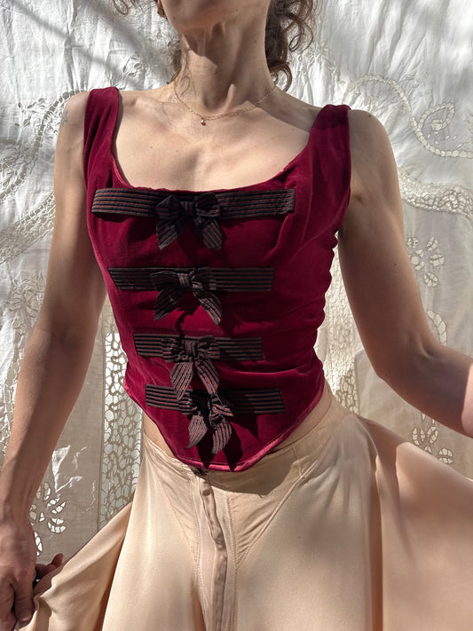 1990s Sarakalo Paris Handmade Deep Red Velvet Bodice with Bows M