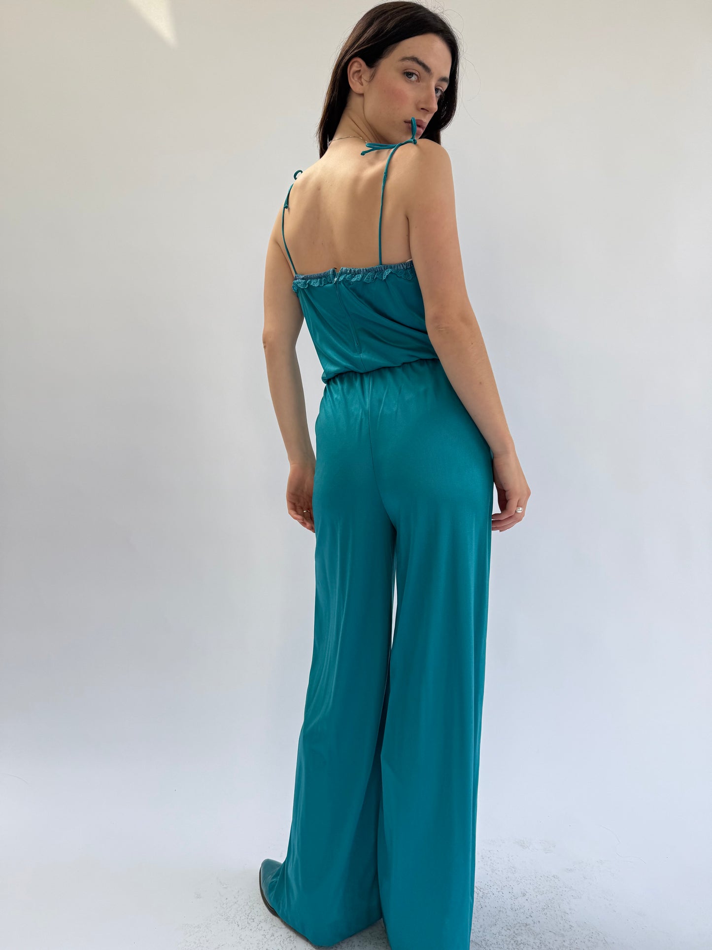 1970s Teal Ruffle Lace Trimmed Tie Waist Jumpsuit