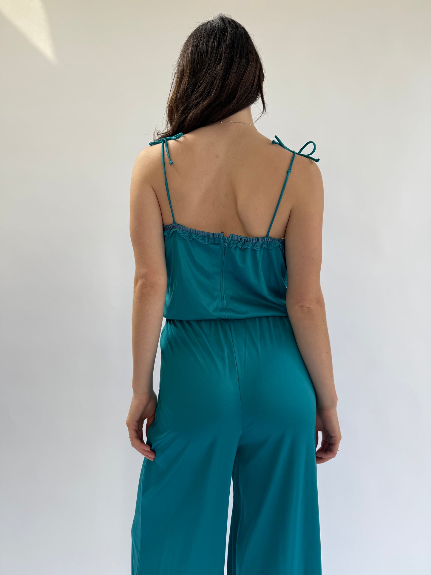 1970s Teal Ruffle Lace Trimmed Tie Waist Jumpsuit