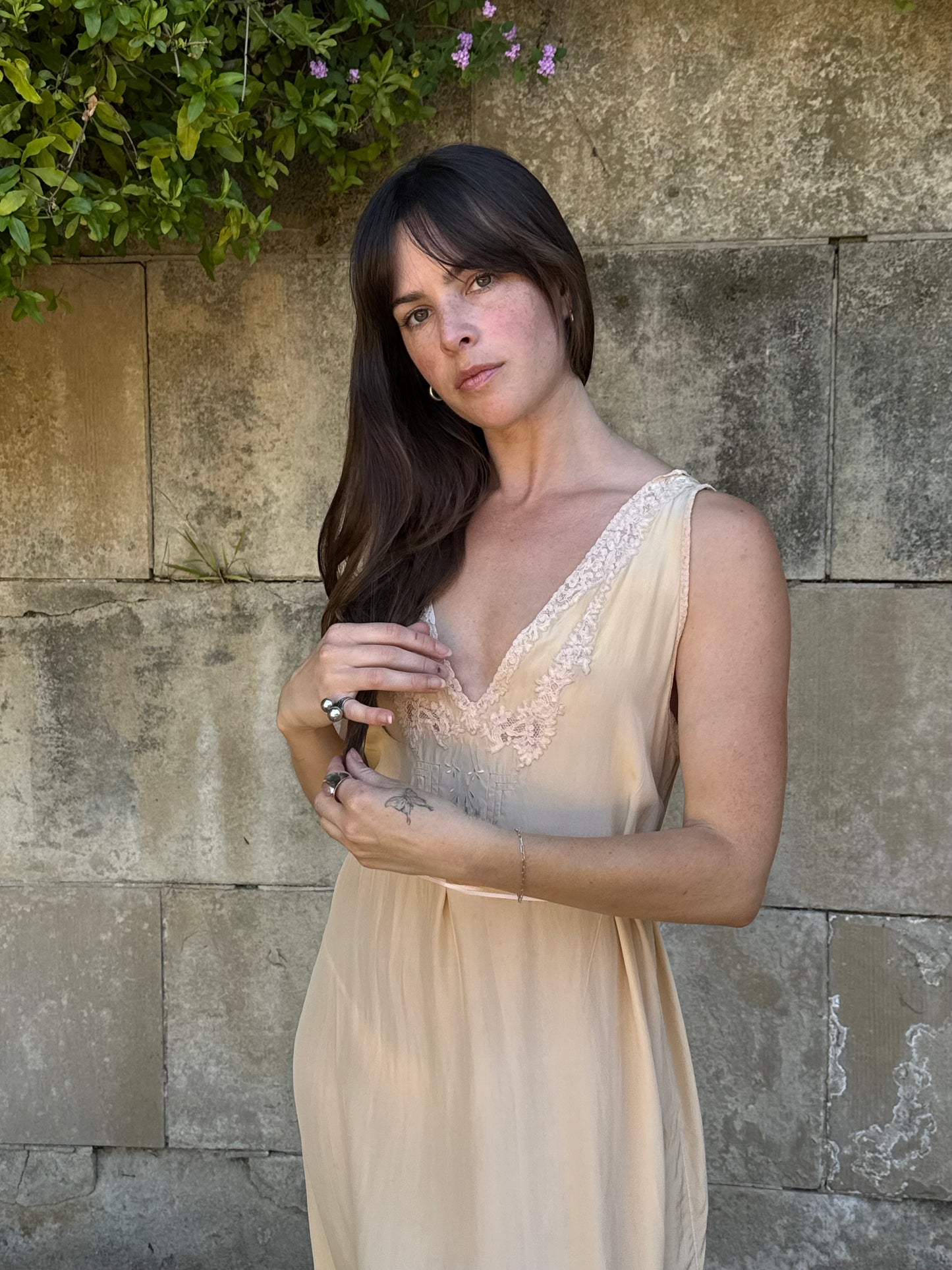 1940s Pale Peach Silk Lace Trimmed Slip Dress