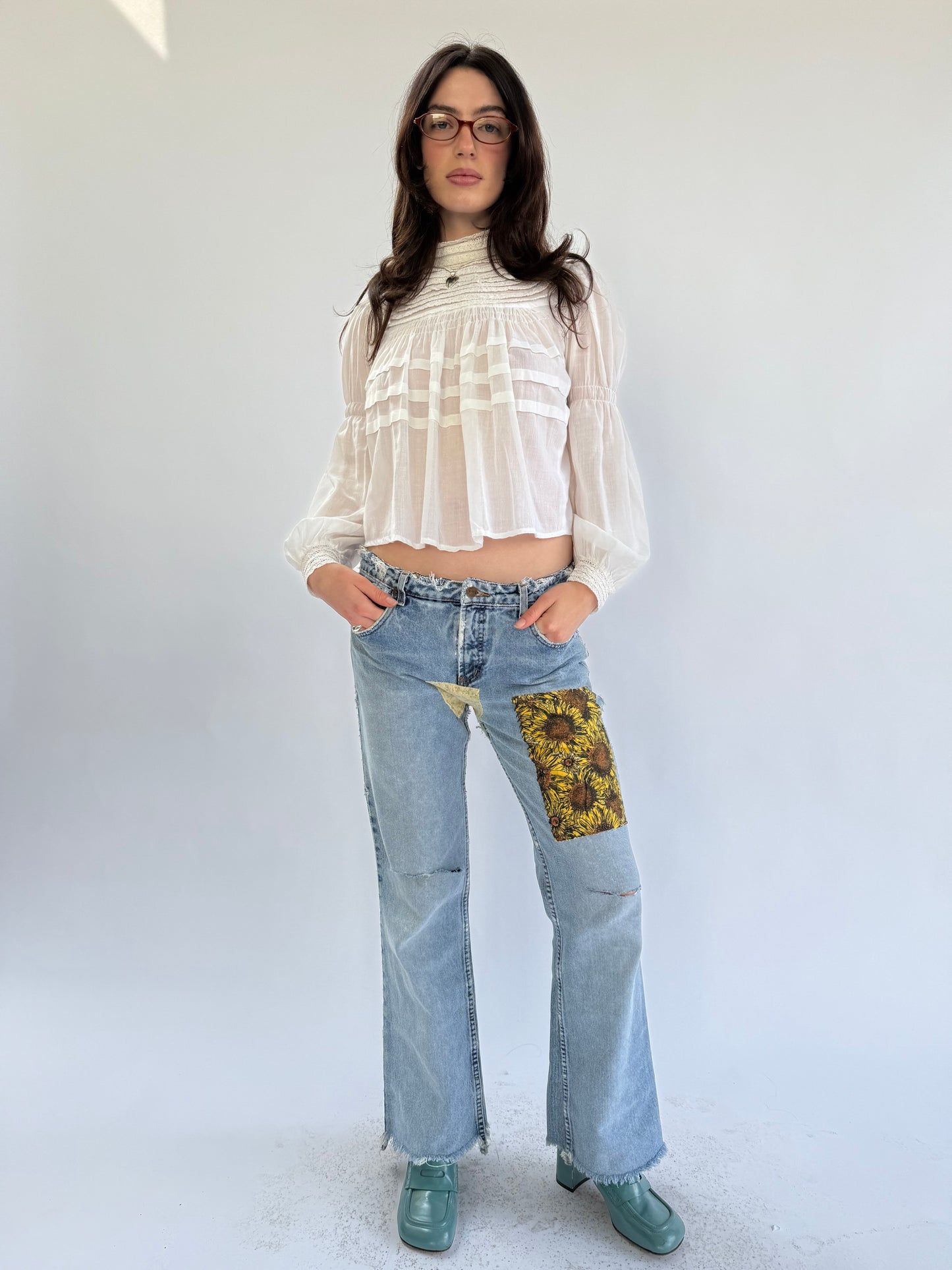 Victorian Cotton High Neck Lace Trimmed Blouse with Pintucks