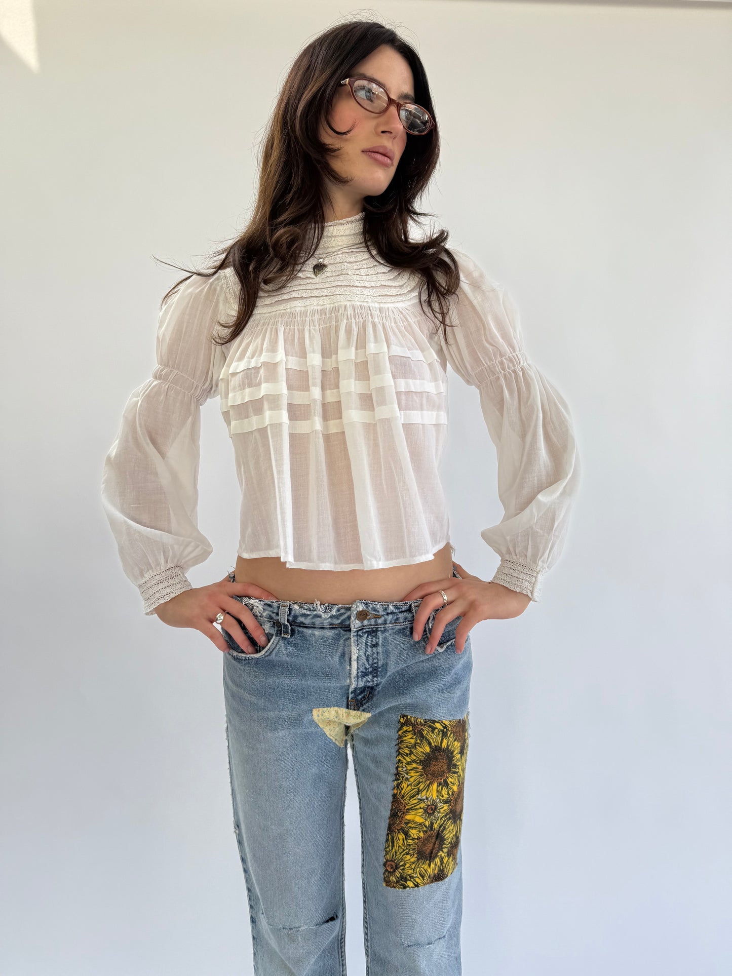 Victorian Cotton High Neck Lace Trimmed Blouse with Pintucks