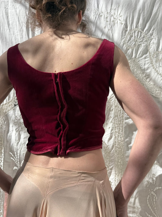 1990s Sarakalo Paris Handmade Deep Red Velvet Bodice with Bows M