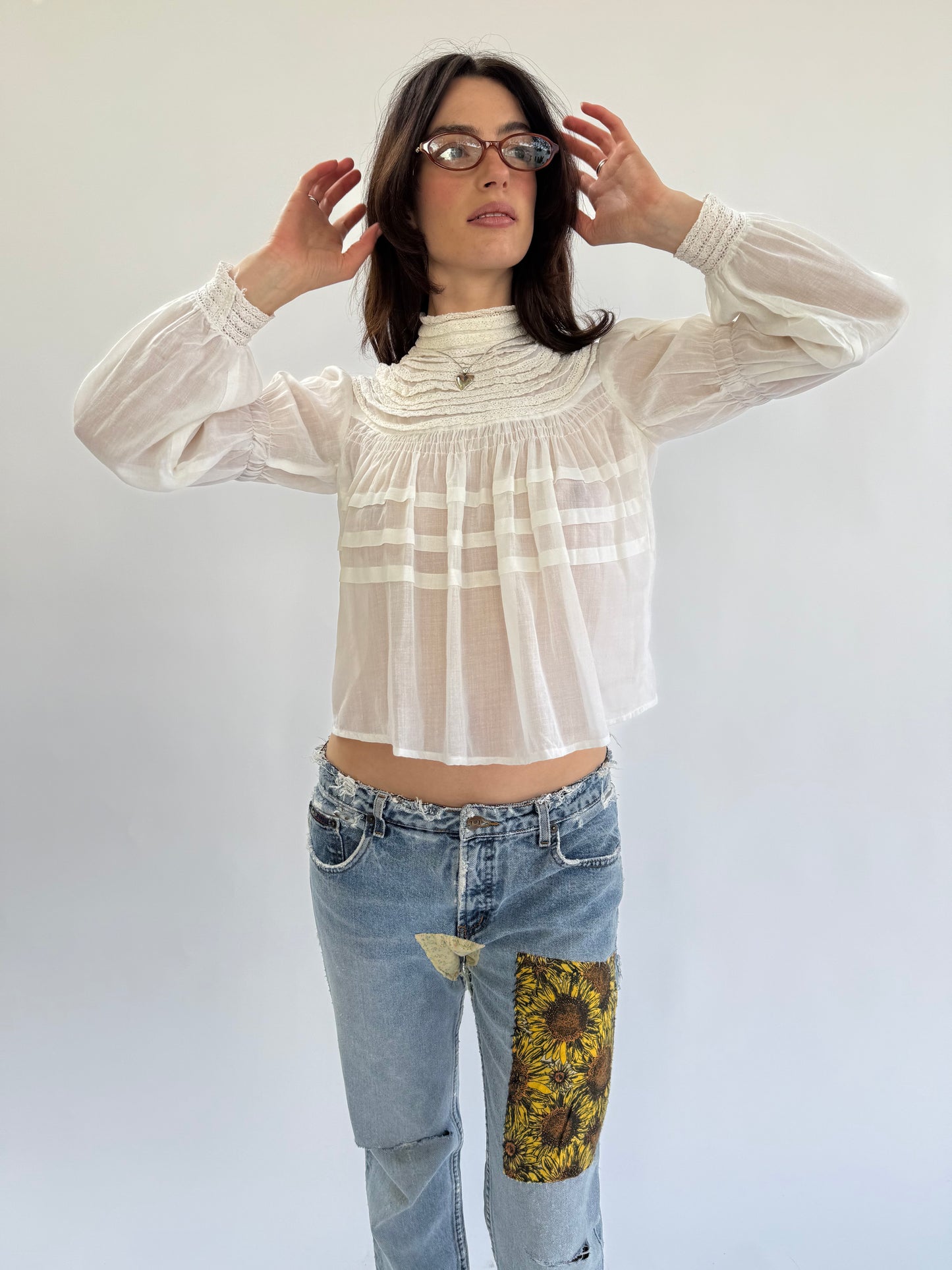Victorian Cotton High Neck Lace Trimmed Blouse with Pintucks