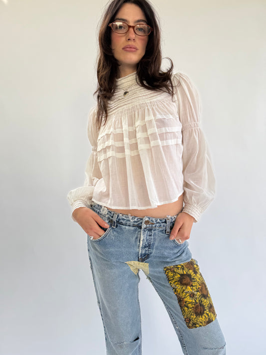Victorian Cotton High Neck Lace Trimmed Blouse with Pintucks