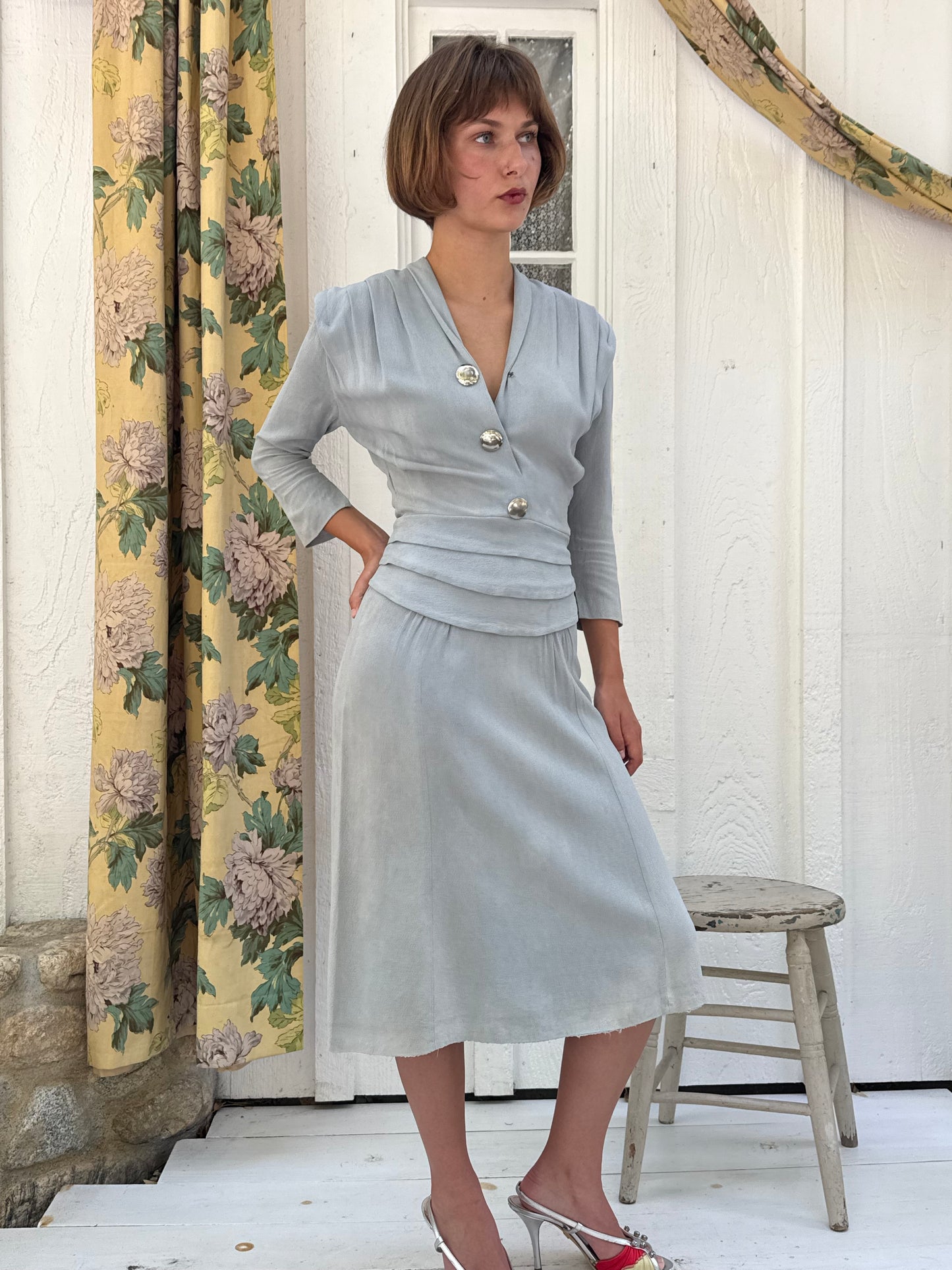 1930s Pale Blue Rayon Crepe Day Dress