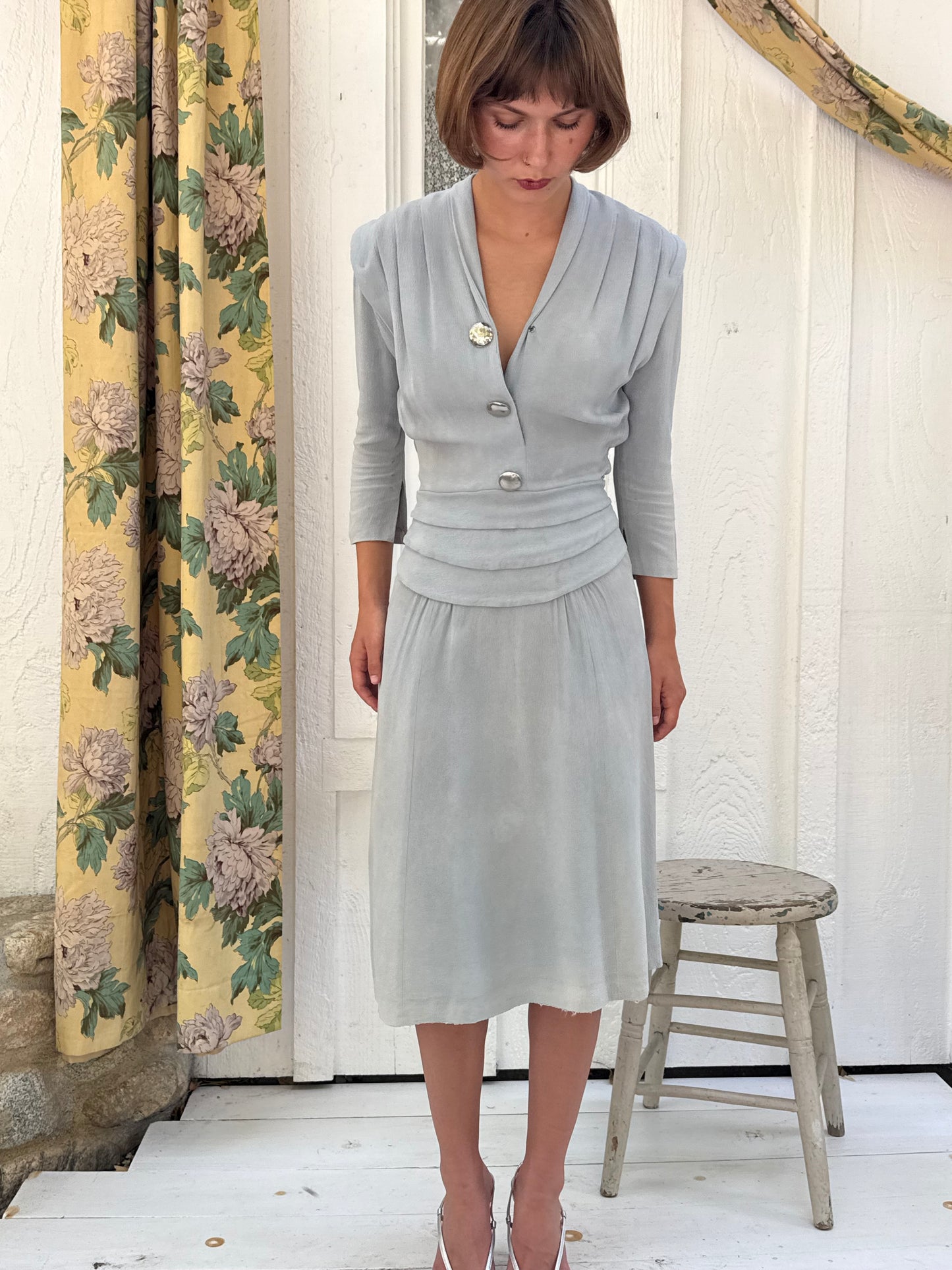 1930s Pale Blue Rayon Crepe Day Dress