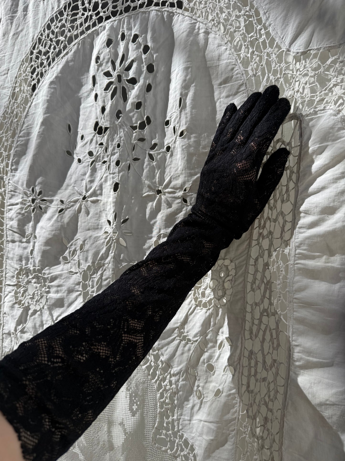 1990s Black Fine Lace Opera Gloves Made in France