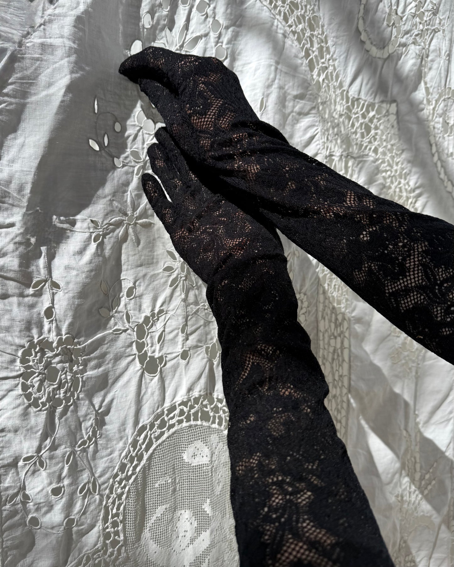 1990s Black Fine Lace Opera Gloves Made in France