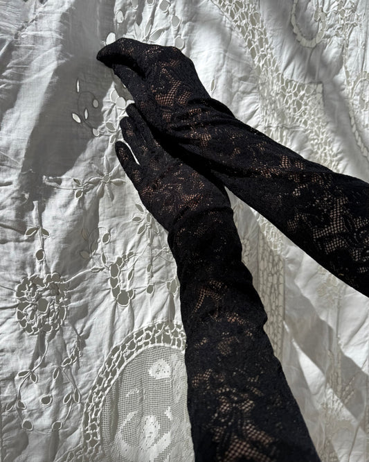 1990s Black Fine Lace Opera Gloves Made in France