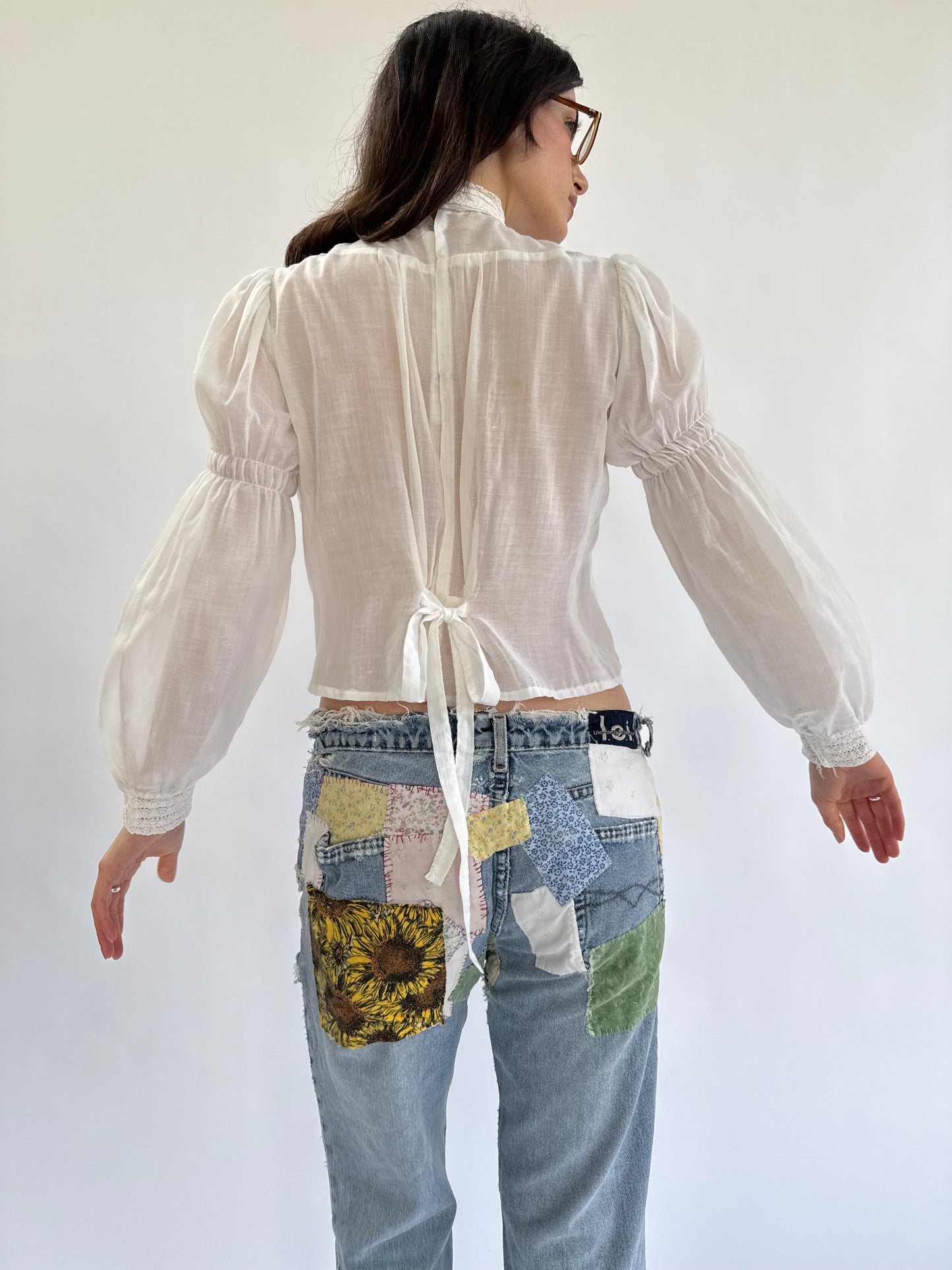 Victorian Cotton High Neck Lace Trimmed Blouse with Pintucks