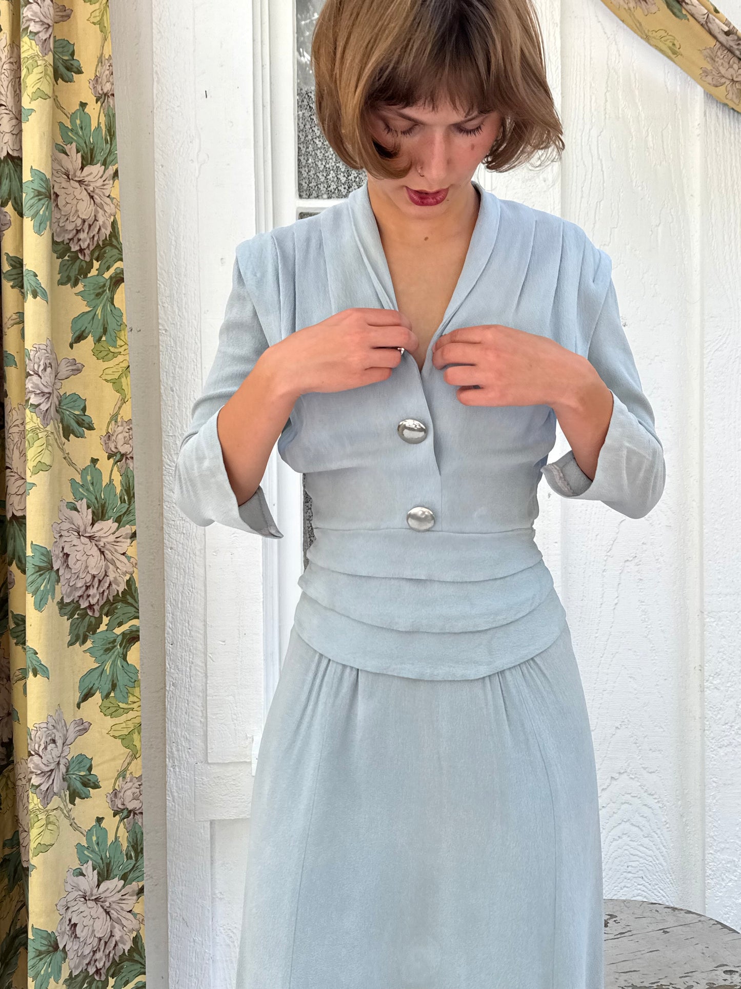 1930s Pale Blue Rayon Crepe Day Dress