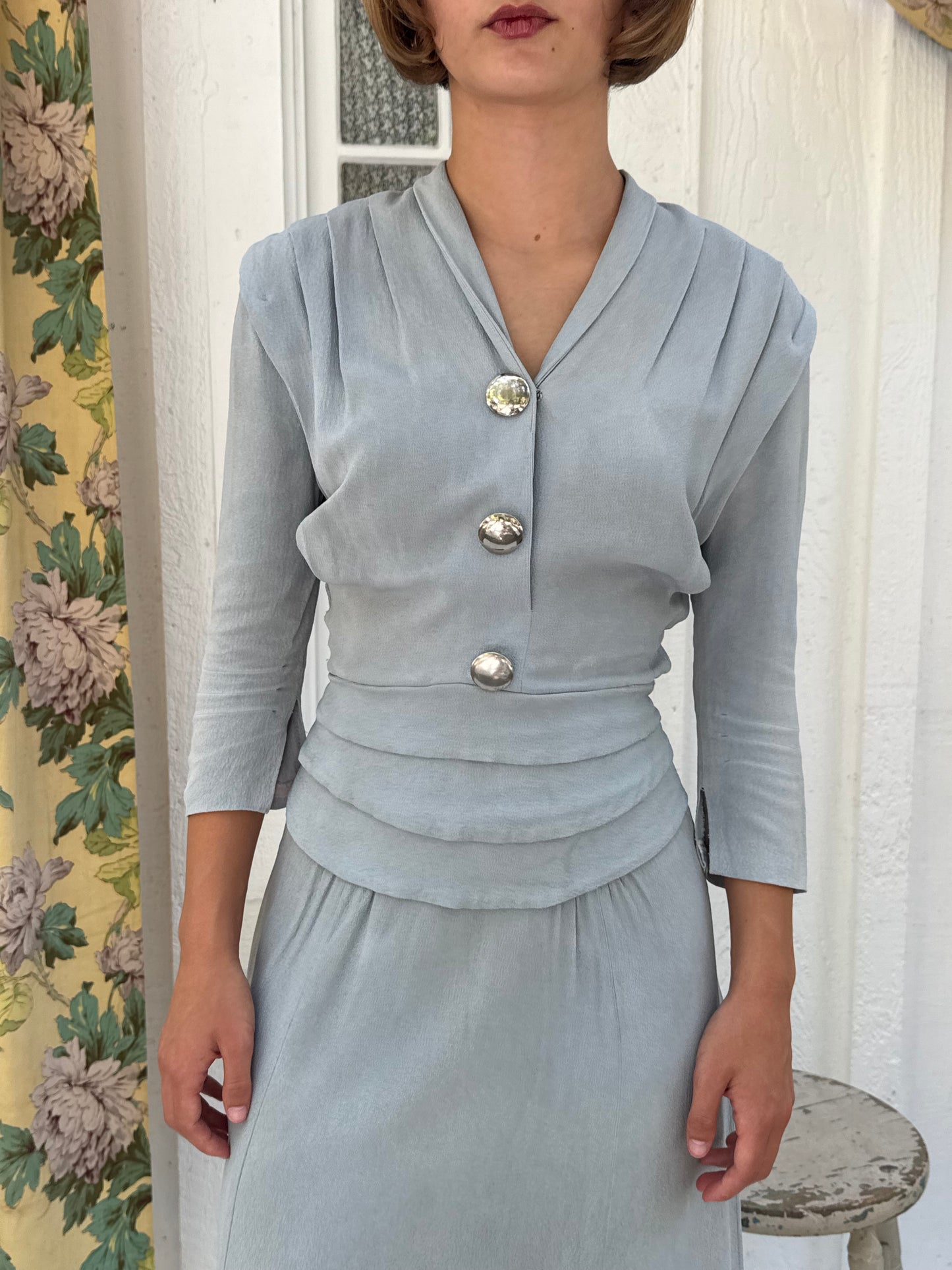 1930s Pale Blue Rayon Crepe Day Dress
