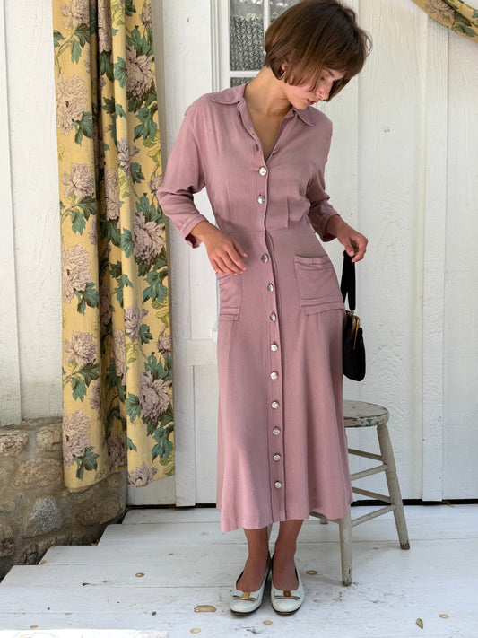 1930s Rose Crepe Button Front Day Dress
