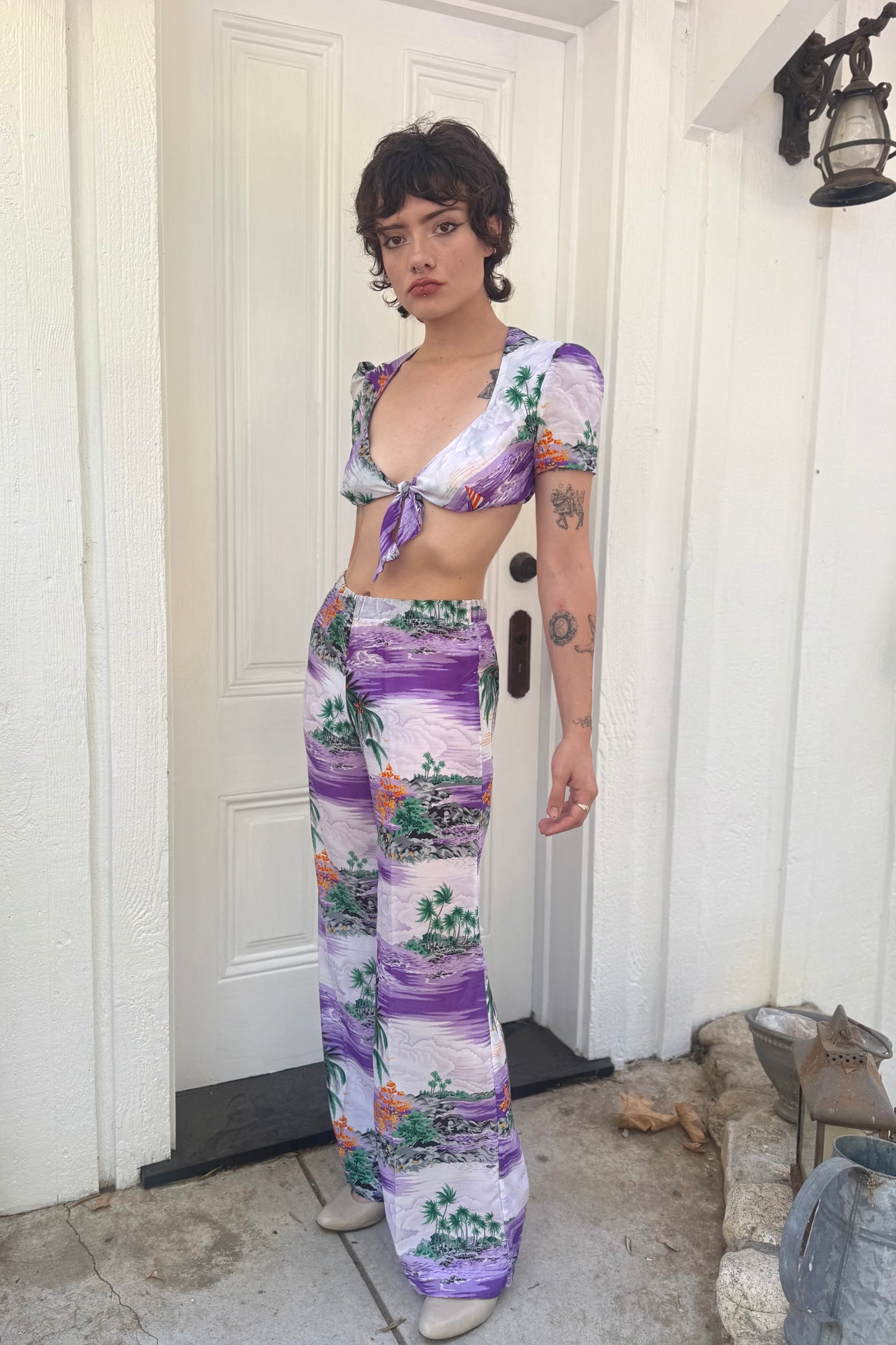 1970s Hawaiian Print Rayon Cropped Top and Pant Set