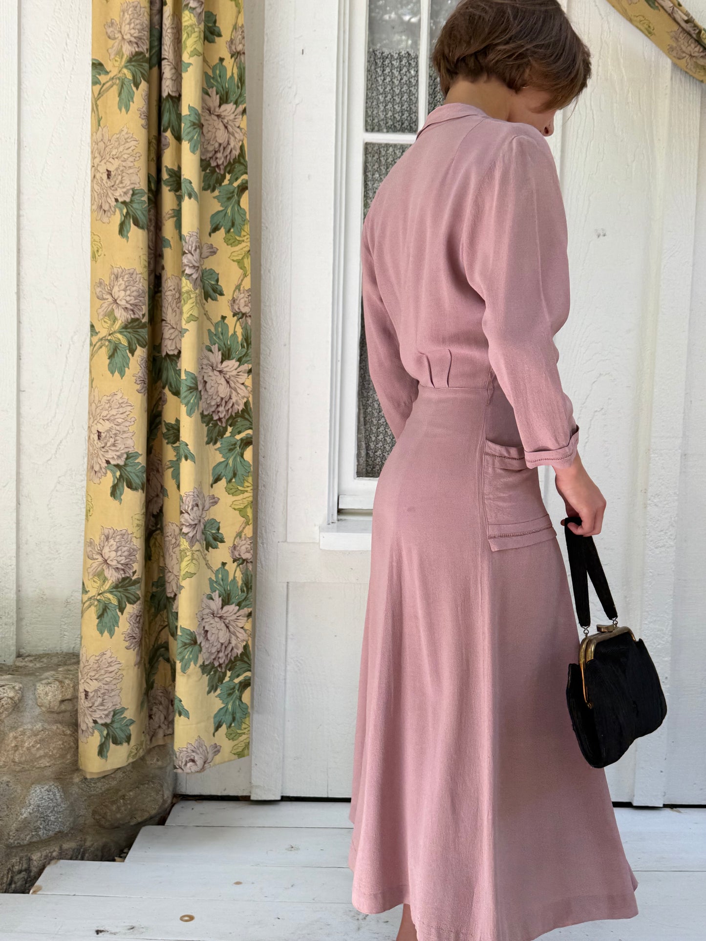1930s Rose Crepe Button Front Day Dress