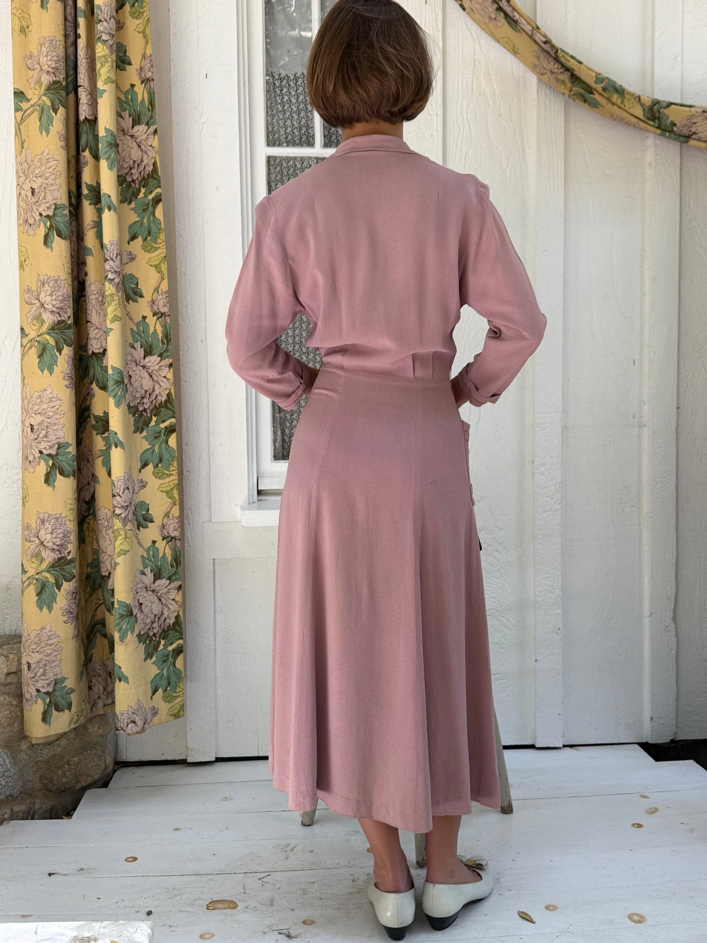 1930s Rose Crepe Button Front Day Dress