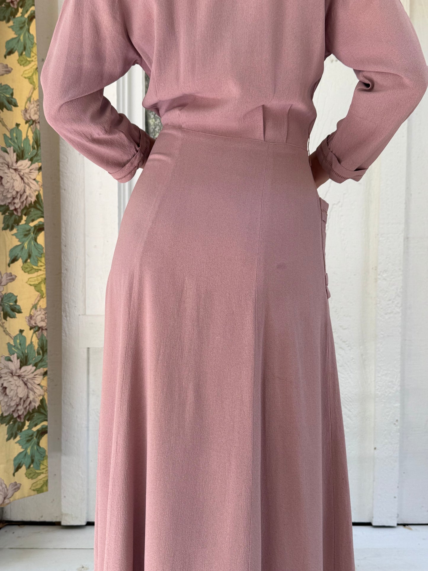 1930s Rose Crepe Button Front Day Dress