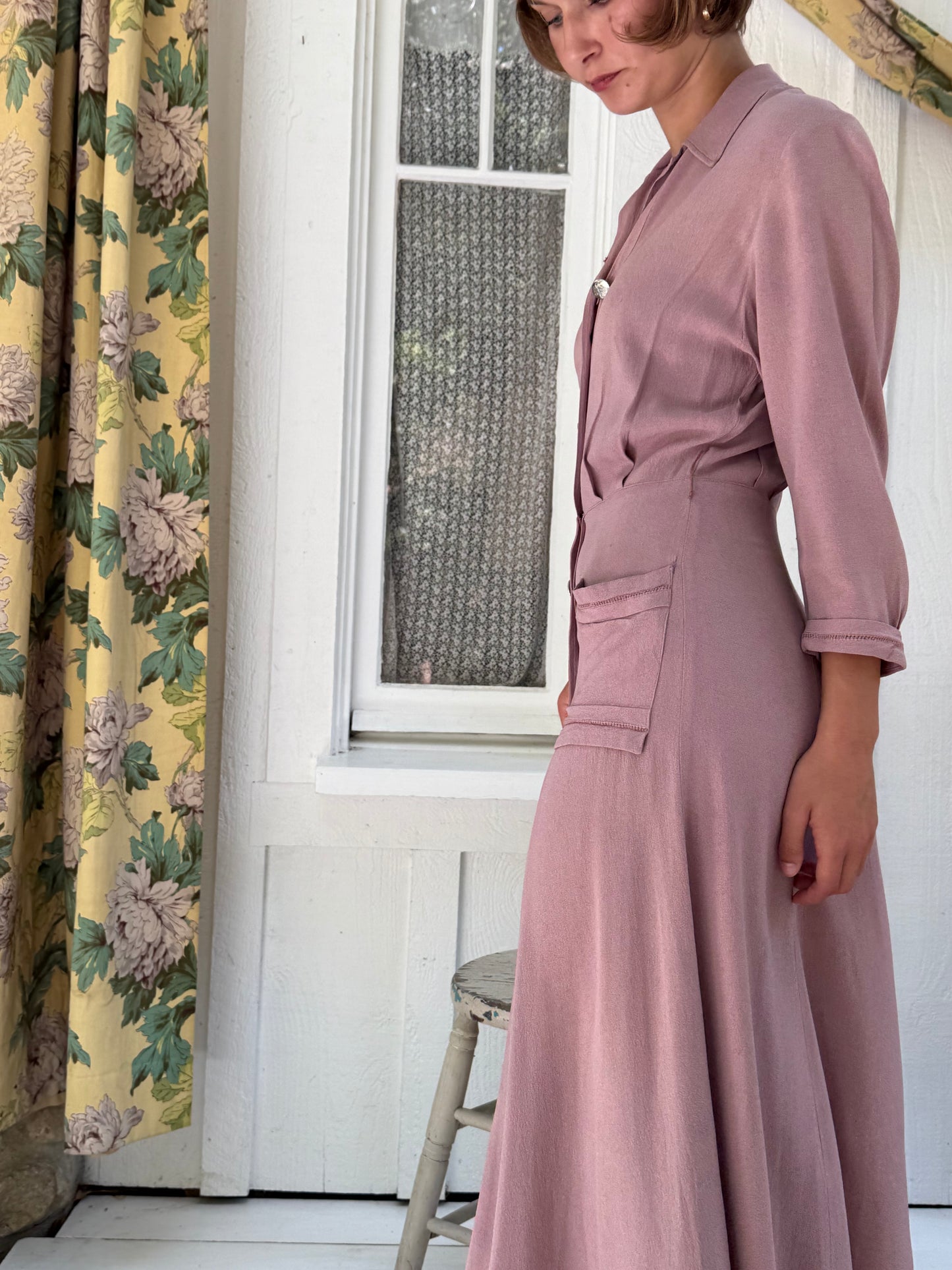 1930s Rose Crepe Button Front Day Dress
