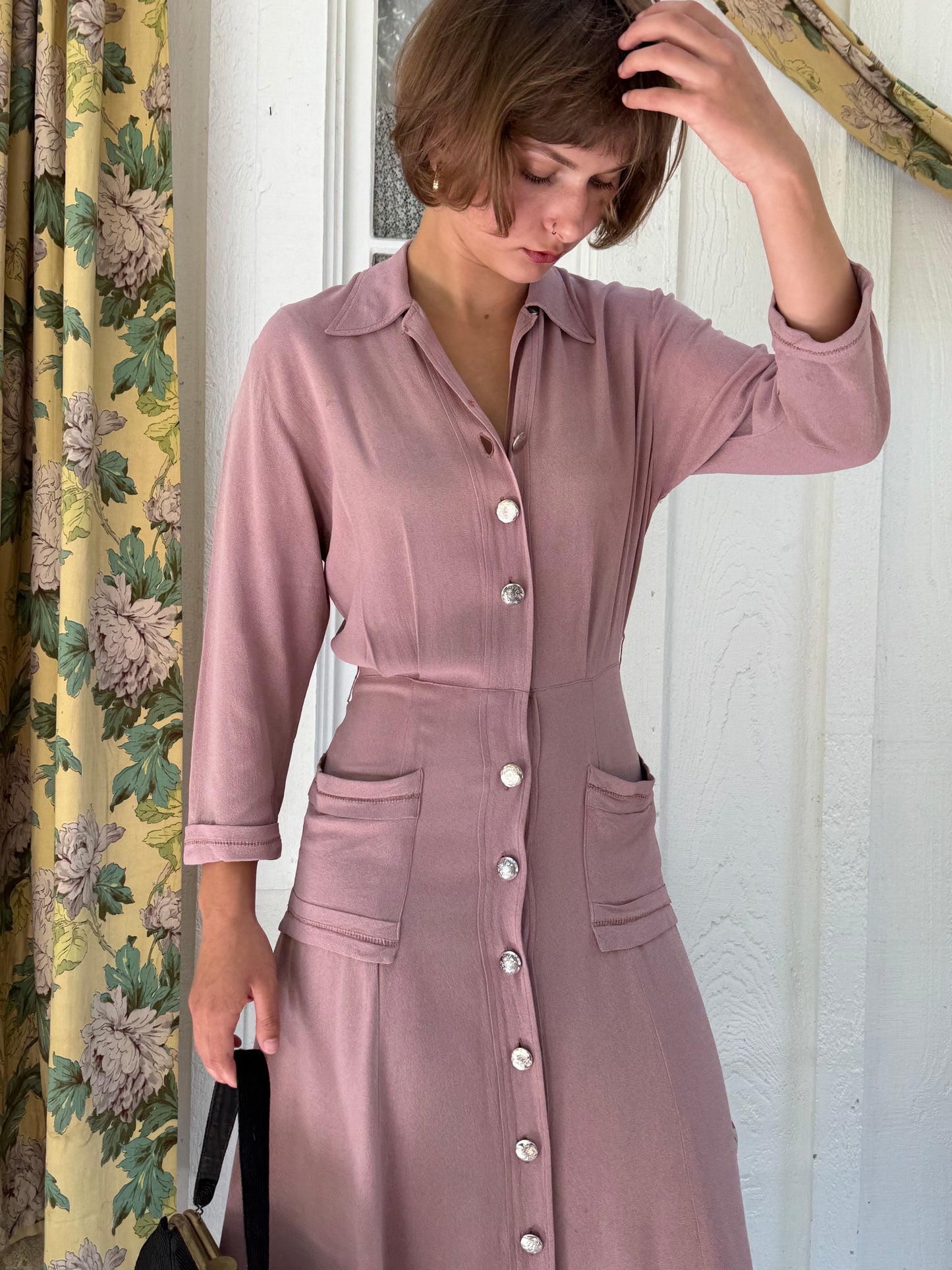 1930s Rose Crepe Button Front Day Dress